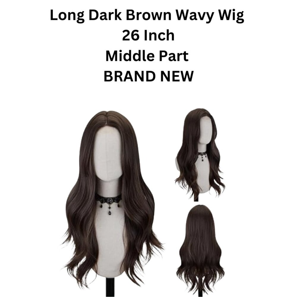 26" Wig Long Dark Brown Wavy Middle Part Wavy Hair BRAND NEW Heat Resistant